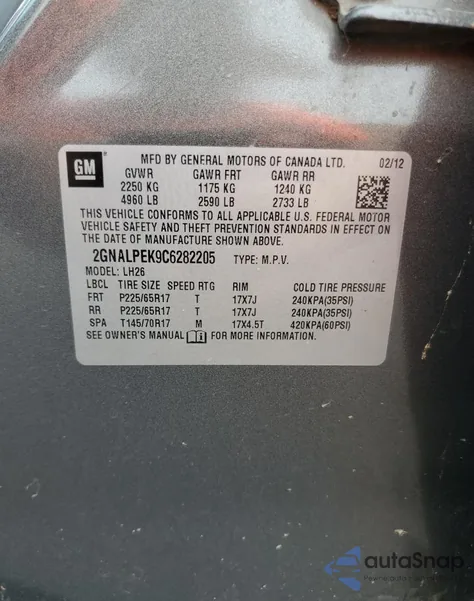 2012 Chevrolet Equinox Lt z USA, uszkodzony, nr VIN 2GNALPEK9C6282205